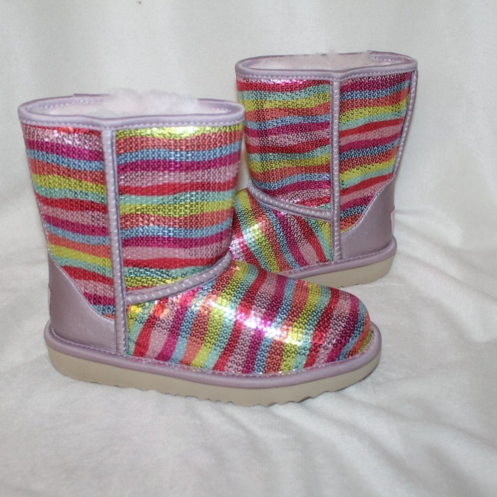 NIB UGG GIRL'S YOUTH SEQUIN RAINBOW CLASSIC SHORT SHEARLING LINED BOOTS - Picture 2 of 9